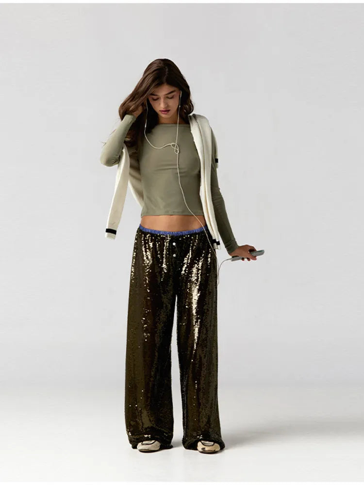 Women’s Premium Sequined Splicing Straight-Leg Pants – High-Waist Casual Commuter Trousers