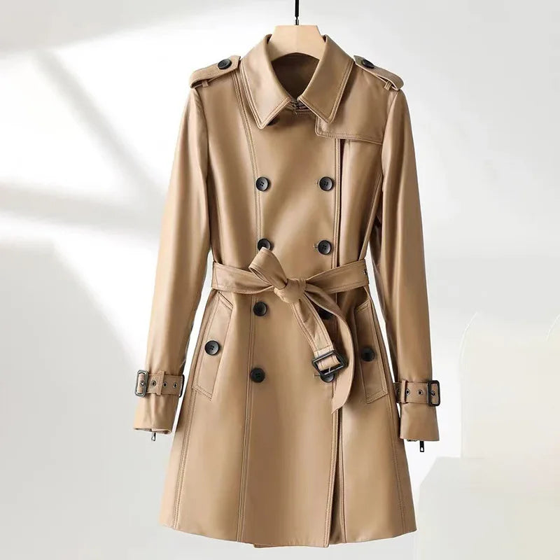 Natural Leather Women's Jacket Autumn Winter Khaki/Black Double Breasted Classic British Style Slim Sheepskin Long Trench Coat