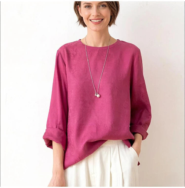 70% Mulberry Silk Cotton Jacquard Blouse – Women’s Hot Pink Long Sleeve Pullover Top