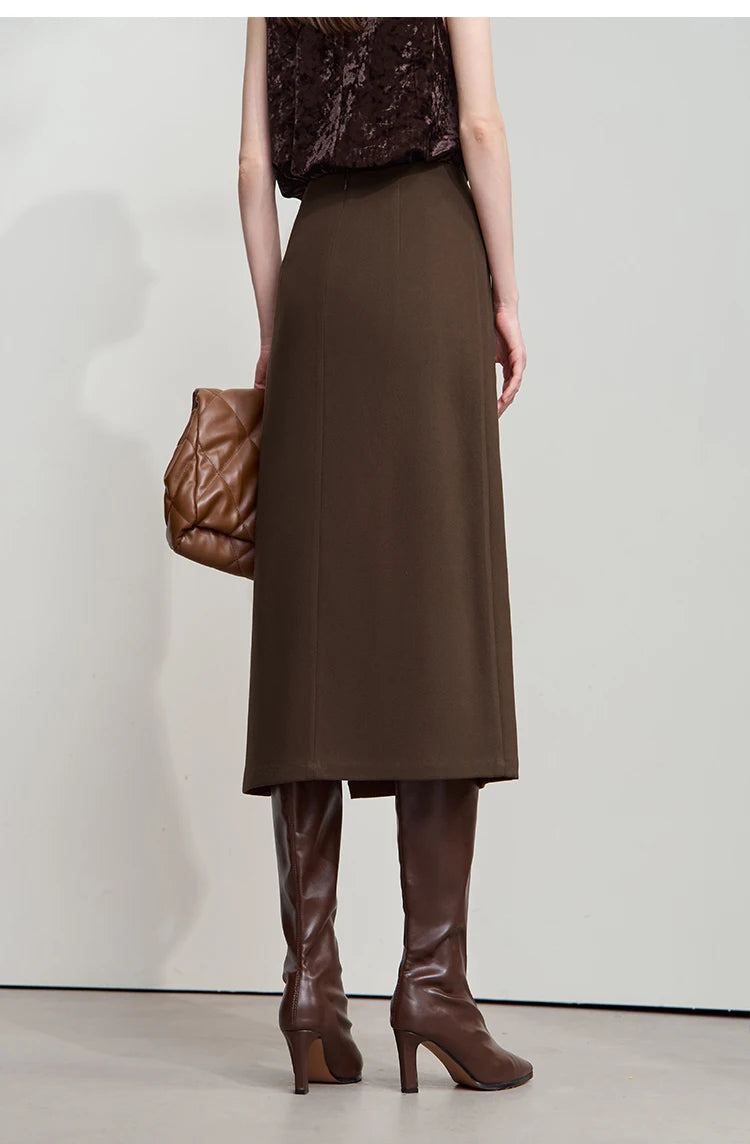 Minimalist Women's Brown Midi Skirt  |  2025 Autumn Retro Brushed Twill Side Slit Office Lady Skirt