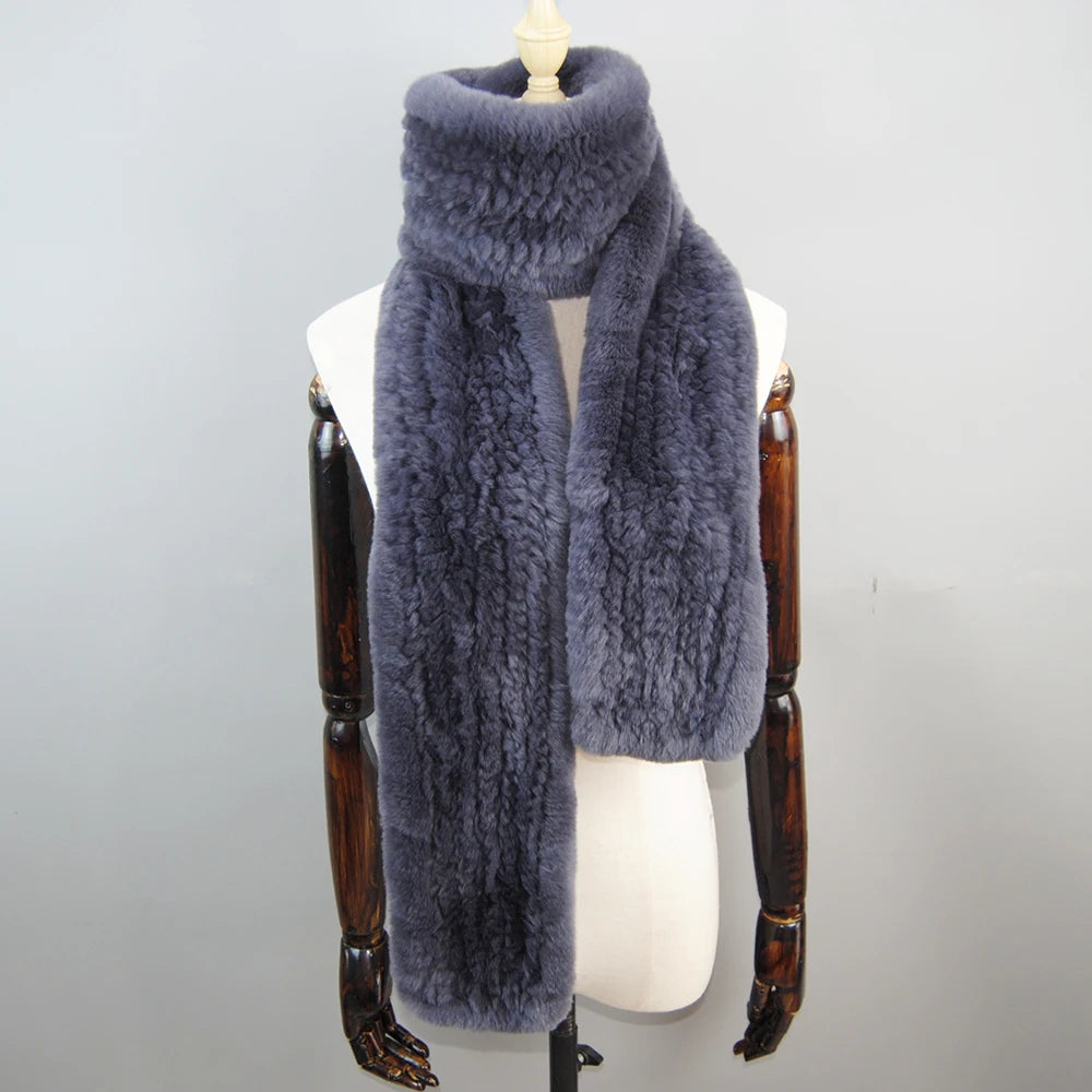 Long Style Genuine Rex Rabbit Fur Scarf– Women's Winter Knitted Ring Scarf & Luxury Muffler
