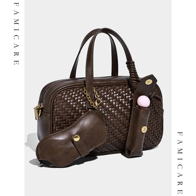 Women's Boston Bag 2025 Fall Winter New Woven Bowling Bag Unique Design Handheld Pack Trendy Light Luxury PU Leather Handbag - HER SHOP