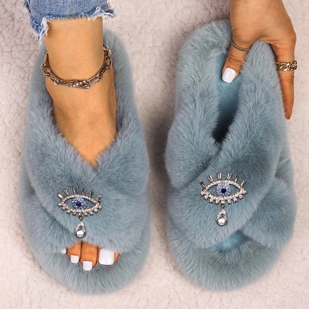 Women's Faux Fur Slippers - Fluffy, Furry Plush Slides with Personalized Letter Decor, Ideal Gift