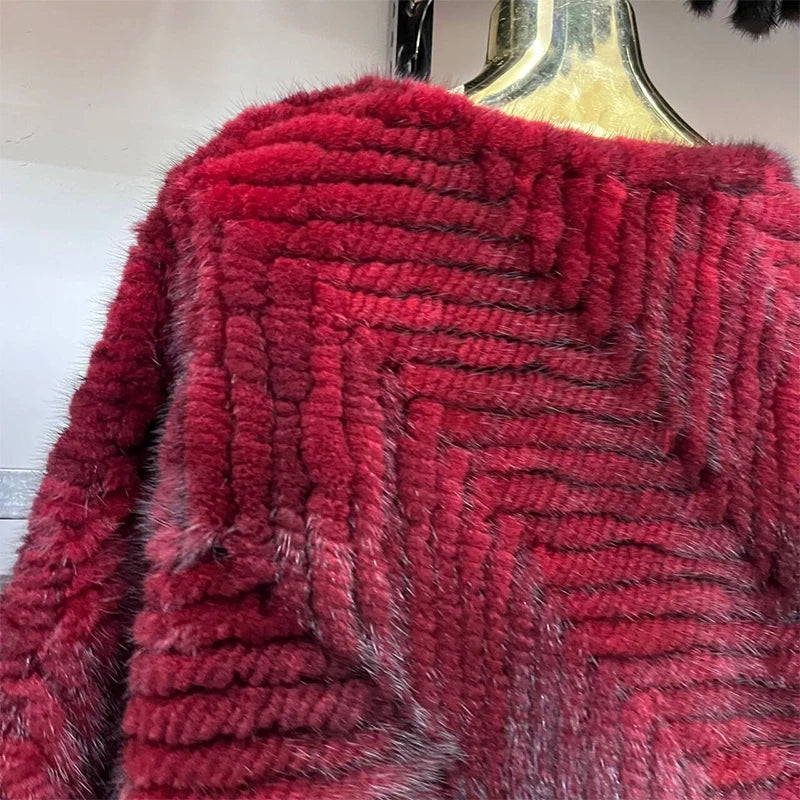 Women’s Real Mink Fur Knitted Cape – Luxury Striped Pullover Fur Coat with Tassel Trim, Warm & Elegant Overcoat