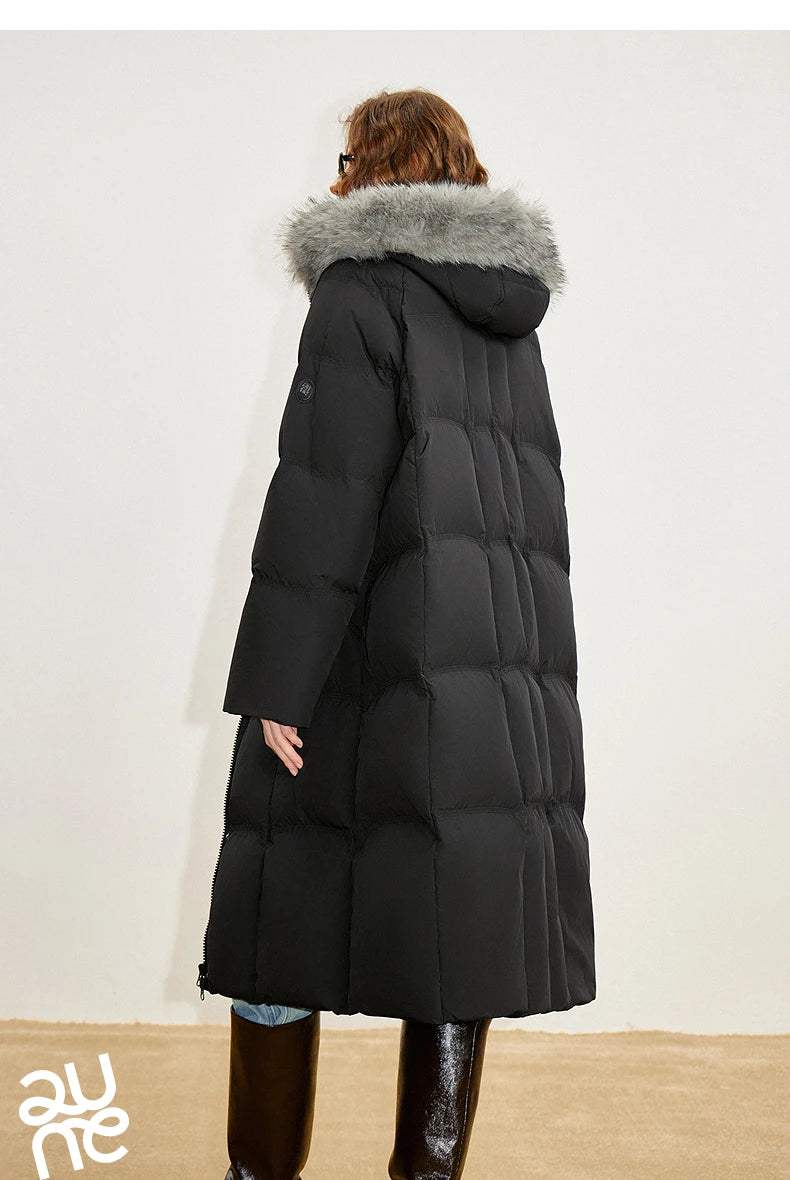 Women 90% White Duck Down Thick Down Jacket 2025 Winter New Fur Collar Hooded Extra Long Warm Jacket Coat