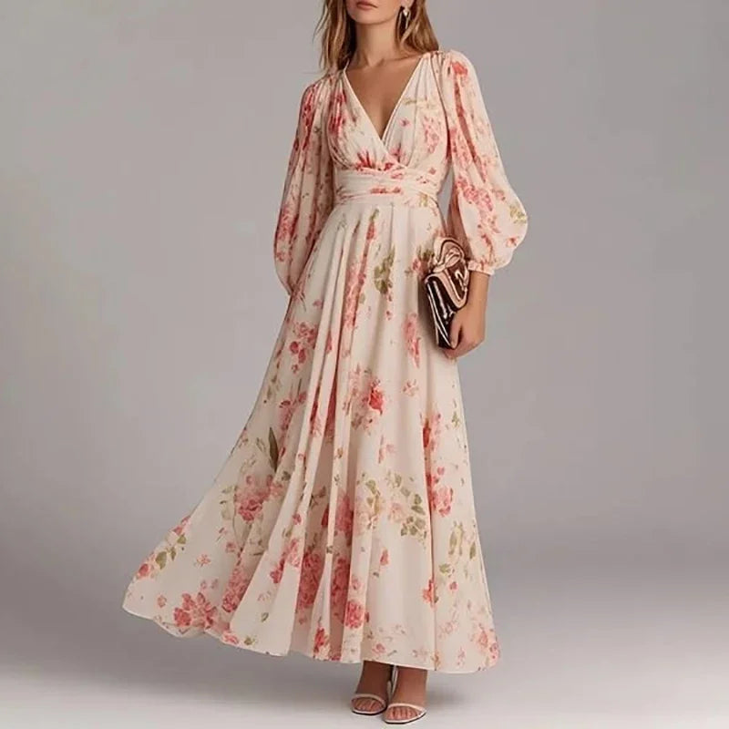 Spring Women V Nec Floral Print Long Sleeve Party Dress Ladies Commute A-Line Pullover Pleated Dress Vestidos Bohemian Dress - HER SHOP