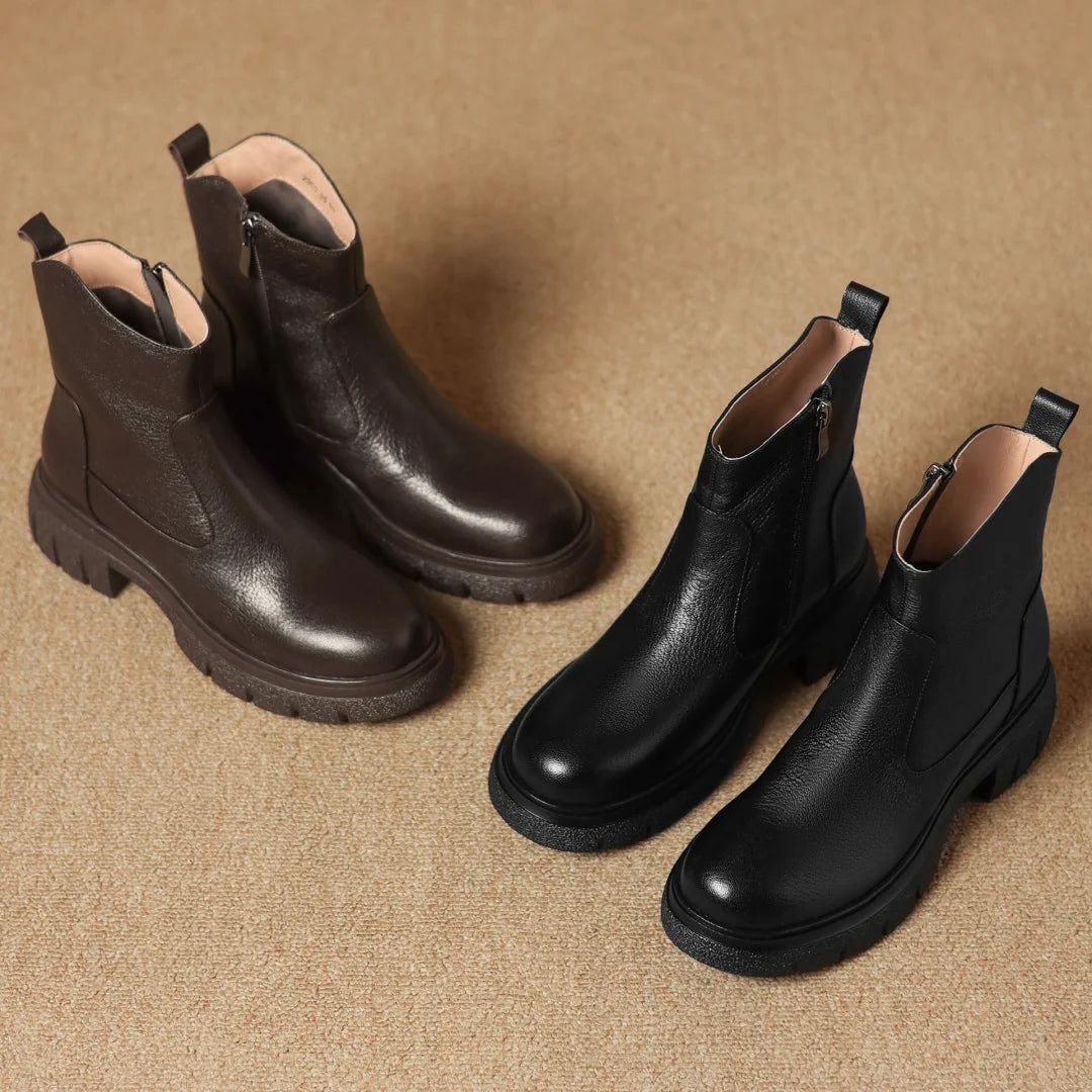 Women’s Genuine Sheepskin Ankle Boots with Side Zip – Round Toe, Soft Comfort, Thick Sole Casual Boots for Autumn