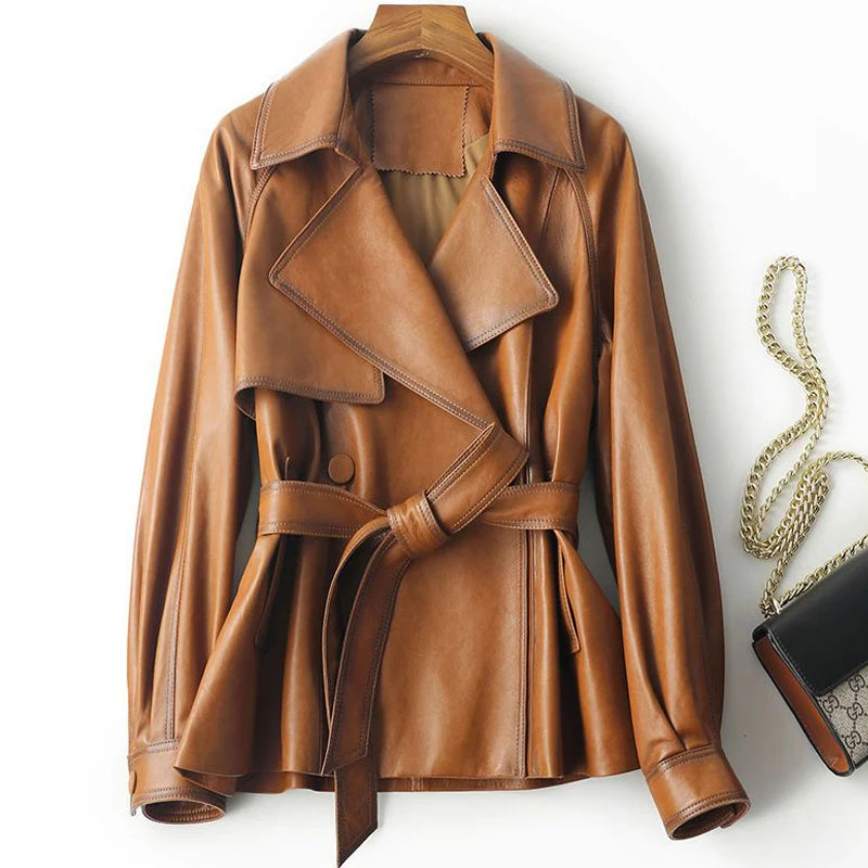 Vintage Brown Real Sheepskin Leather Jacket for Women – Lapel Collar Belted Design, First-Layer Leather, Casual Fashion Outerwear