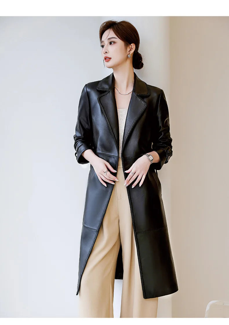 Women's Genuine Leather Trench Coat Lace-Up Long Slim Fit Spring Autumn Sheepskin Top