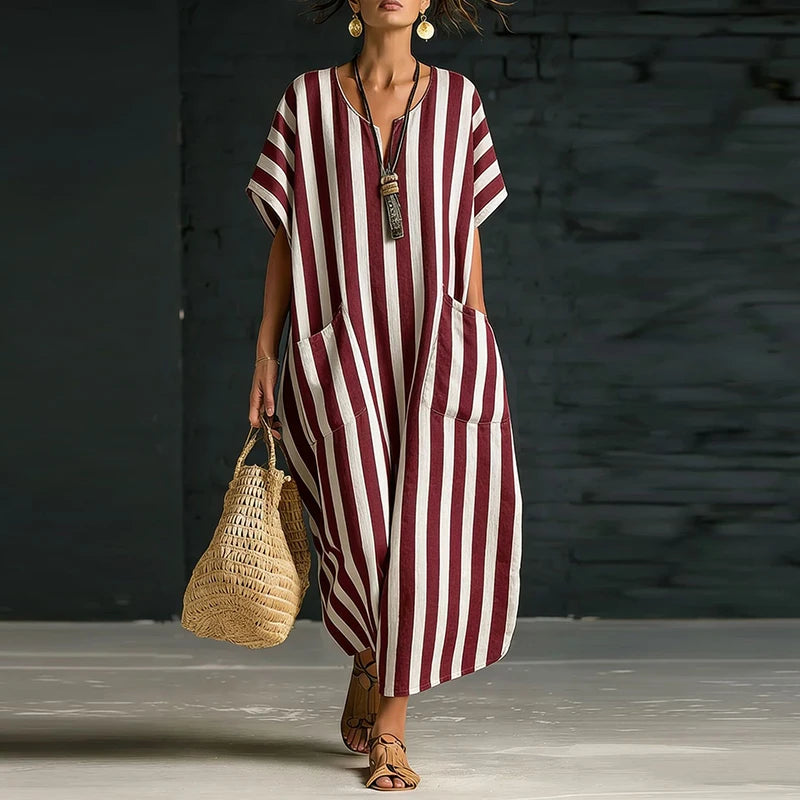 Women's Striped Boho Maxi Dress – Casual V-Neck Summer Beach Dress with Pockets