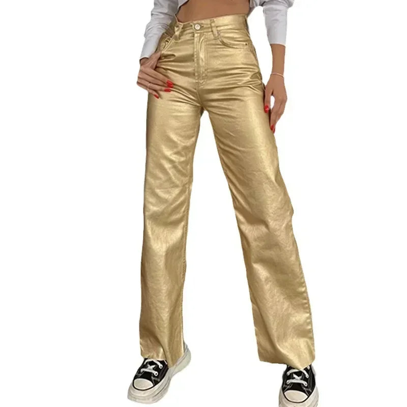 Women's New Fashion Silver High Waist Strap Pants Vintage Pockets Elegant Commuting Casual Loose Fit Women's Shiny Pants Y2K