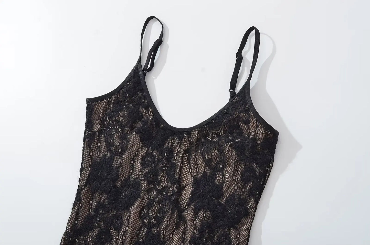 Sexy Sheer Lace Backless Spaghetti Strap Bodysuit with Lining – Slim Fit Tight Short Romper for Women