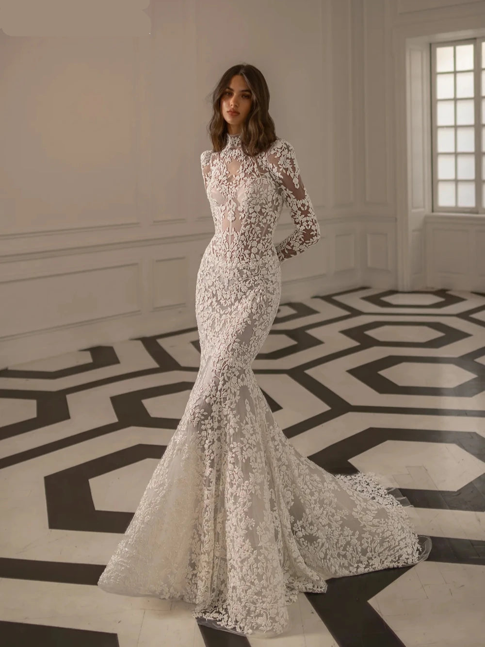 Beaded Mermaid Wedding Dress – Modest High Collar & Long Sleeves