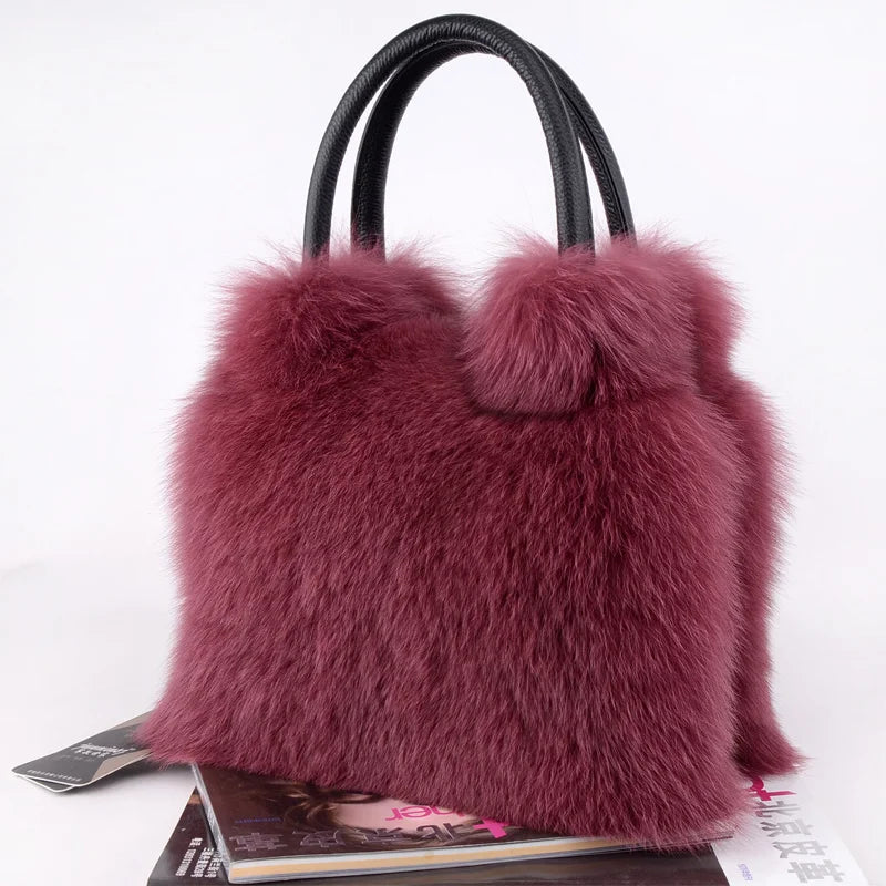 Real Fox Fur Bag Women Fashion Crossbody Bags Natural Fox Fur Chain Shoulder Bag Ladies Silver Fox Fur Clutch Bags Party Bag