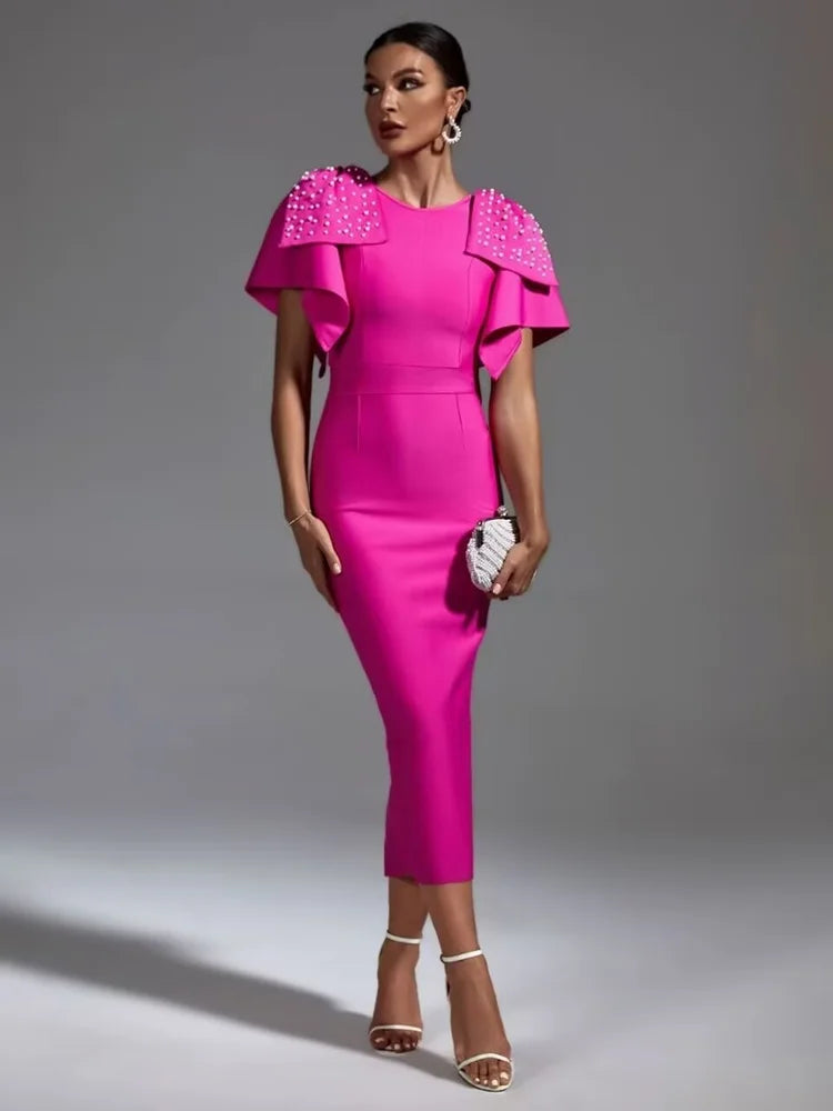 Rose Red Bow Sleeve Beaded Bandage Midi Dress – Elegant Slim Fit Evening Party Dress