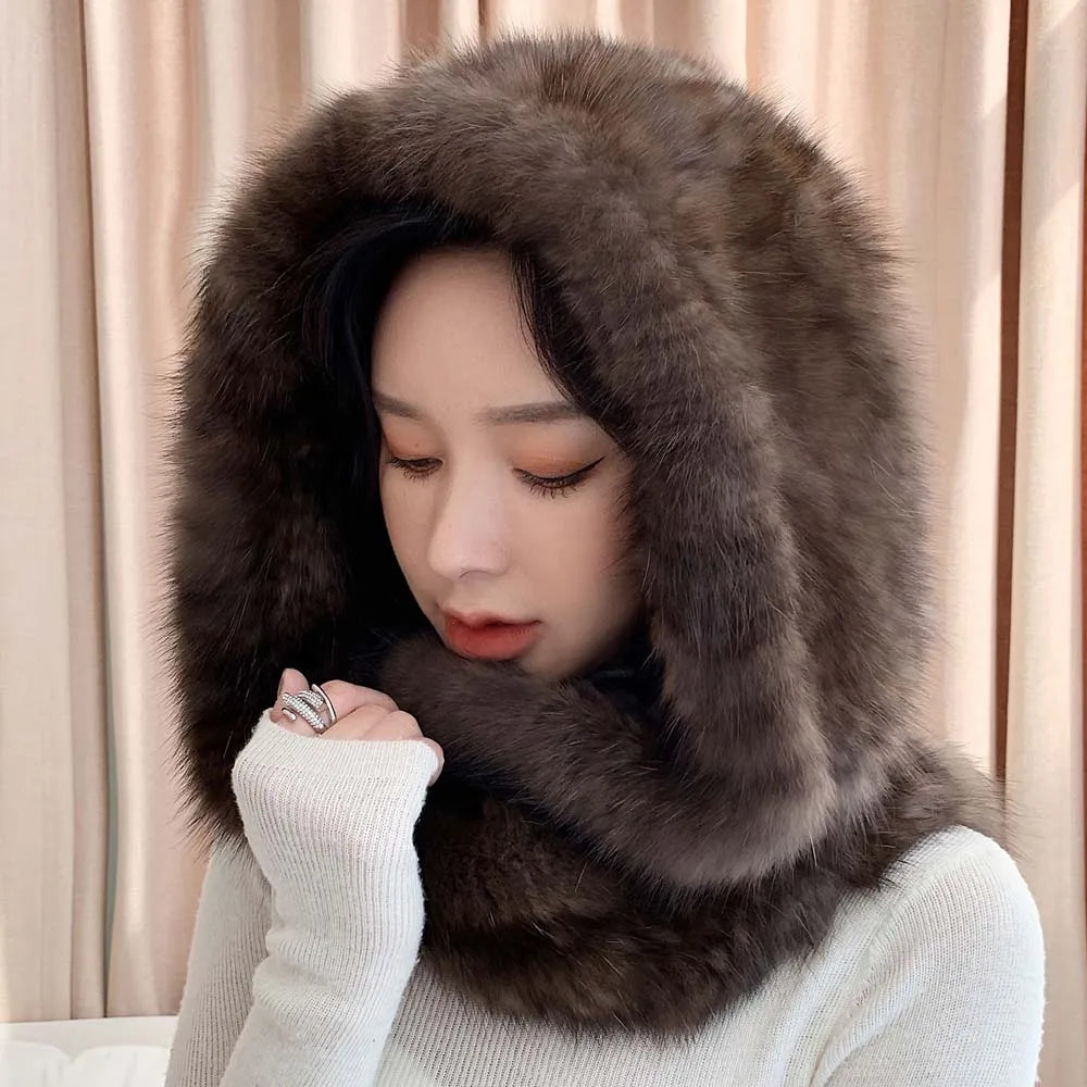 2025 Lady Real Sable Fur Hat Scarf Winter Warm Fluffy 100% Natural Sable Fur Hat Scarves Women Knitted Genuine Fur Cap Shawl
