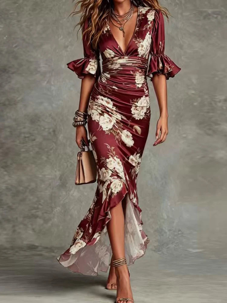 Summer Ruffle Patchwork V-Neck Dress ââ‚¬“ Women's Elegant Half Sleeve Holiday Party Dress