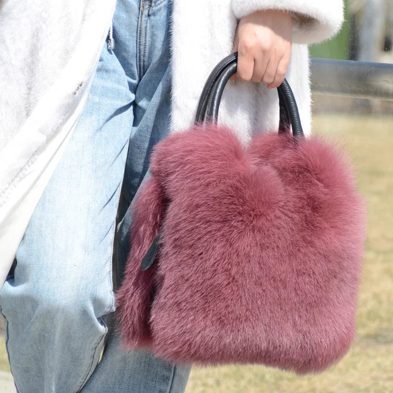 Real Fox Fur Bag Women Fashion Crossbody Bags Natural Fox Fur Chain Shoulder Bag Ladies Silver Fox Fur Clutch Bags Party Bag