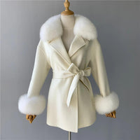 Women's Wool Coat with Real Fur - Elegant Medium-Length Cashmere Blend Coat for Autumn/Winter Fashion