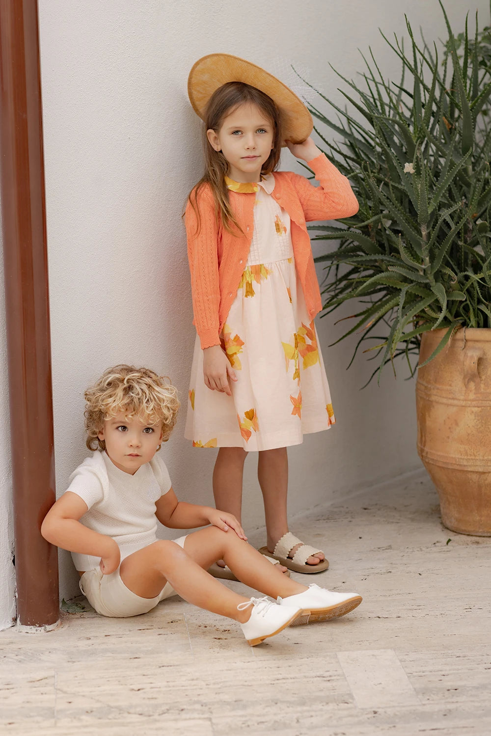 Spanish Sunset Collection SS26 Girls Puff Sleeves Dress Embroidery Sweater Boy V-neck Blazer Brothers Sisters Family Matching