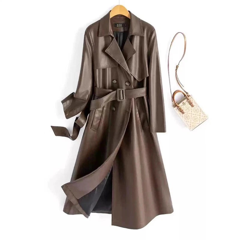 New Women Spring Autumn Split Leather Coat Fashion Turn-down Collar Double Breasted Leather Trench Elegant Long Female Coat