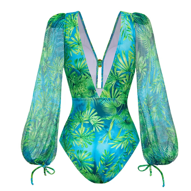 Jungle Green Deep V One-Piece Swimsuit with Skirt