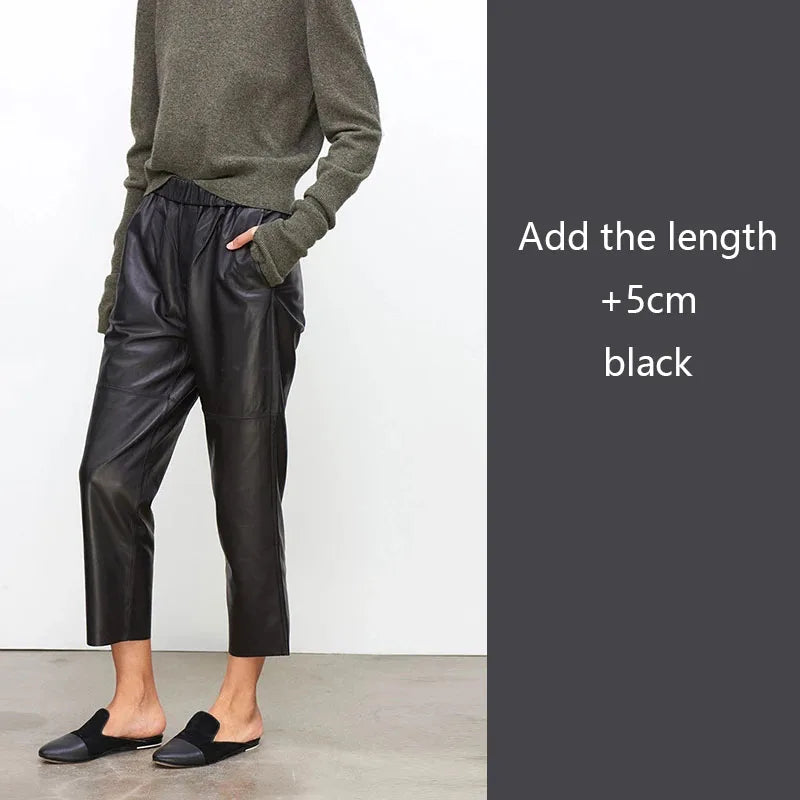 Women’s Genuine Sheepskin Leather Pants – High Waist Straight Fit Ankle-Length Trousers