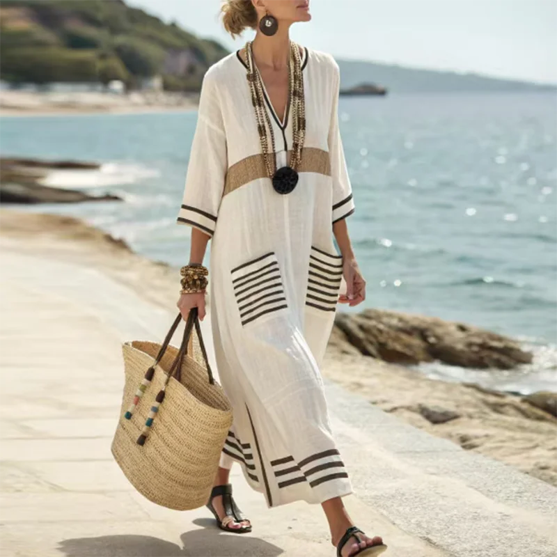 Vintage Bohemian Striped Maxi Dress – Summer V-Neck Flare Sleeve Casual A-Line Dress with Pockets for Women