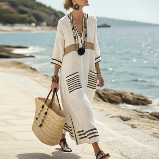Vintage Bohemian Striped Maxi Dress – Summer V-Neck Flare Sleeve Casual A-Line Dress with Pockets for Women - HER SHOP
