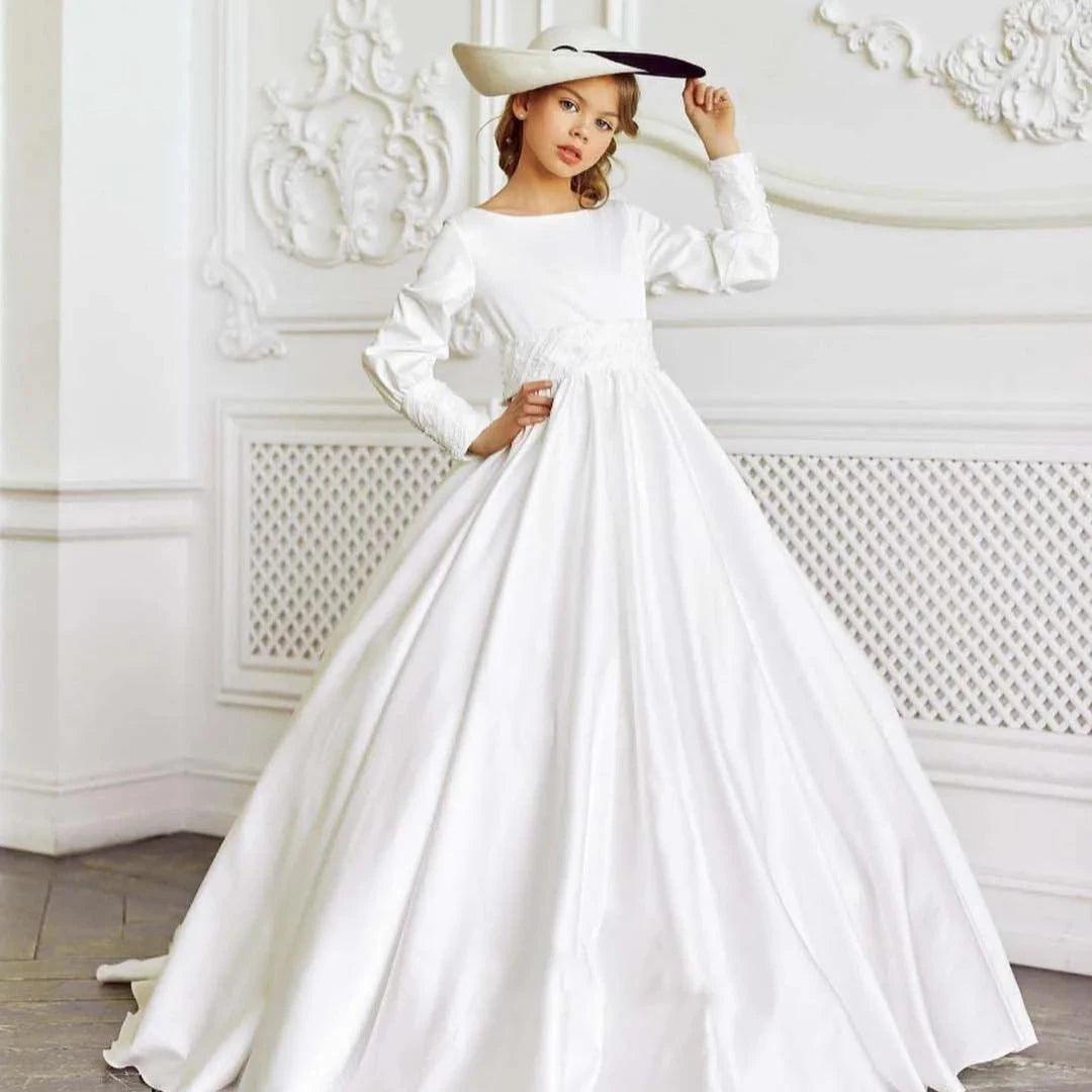 White Elegant Flower Girl Dress for Wedding Satin Floor Length Full Sleeves Kids First Communion Pageant Party Birthday Gown