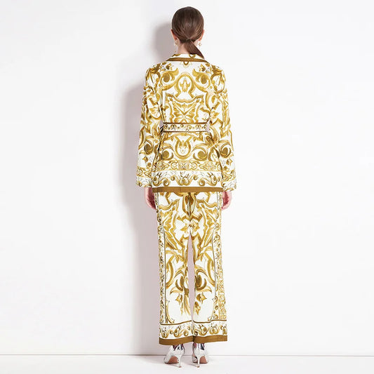 2025 Spring Yellow Floral Print Two-Piece Set – Long Sleeve Shirt with Waist-Cinching Slim Pants - HER SHOP