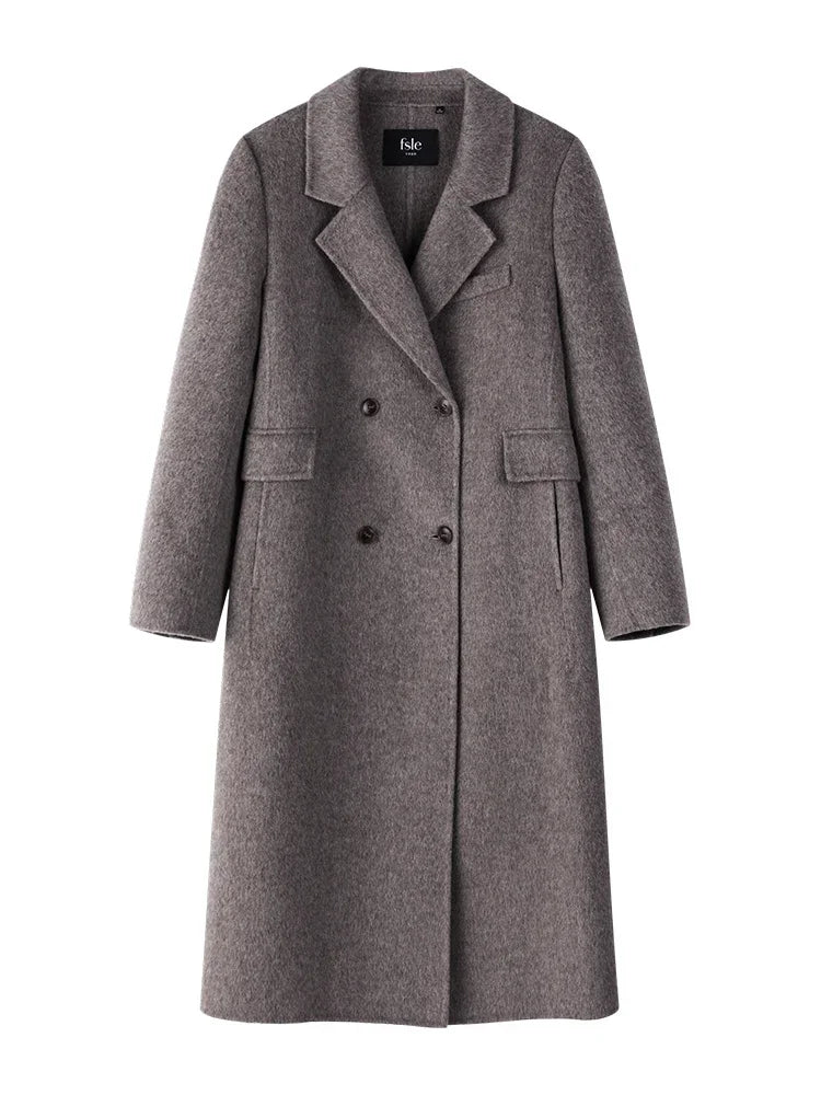 Her Shop 100% Wool Dark Grey Winter Mid-Length Straight Wool Coat - Simple Notched Collar, Temperament Shoulder Design