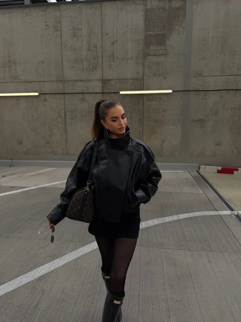 Trendy Solid PU Leather Moto Jacket for Women – Winter 2025 Turtleneck Retro Asymmetrical Vintage Coat