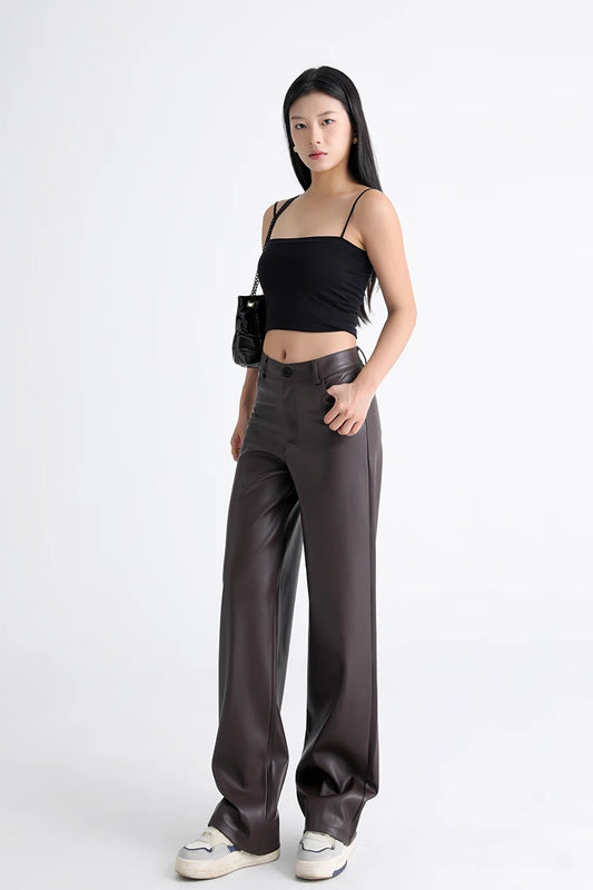 Fall Winter Fleece Loose Wide Leg Warm Leather Pants Women Button Pocket High Waist Thick PU Casual Straight Pants - HER SHOP