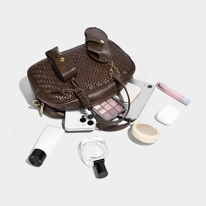 Women's Boston Bag 2025 Fall Winter New Woven Bowling Bag Unique Design Handheld Pack Trendy Light Luxury PU Leather Handbag