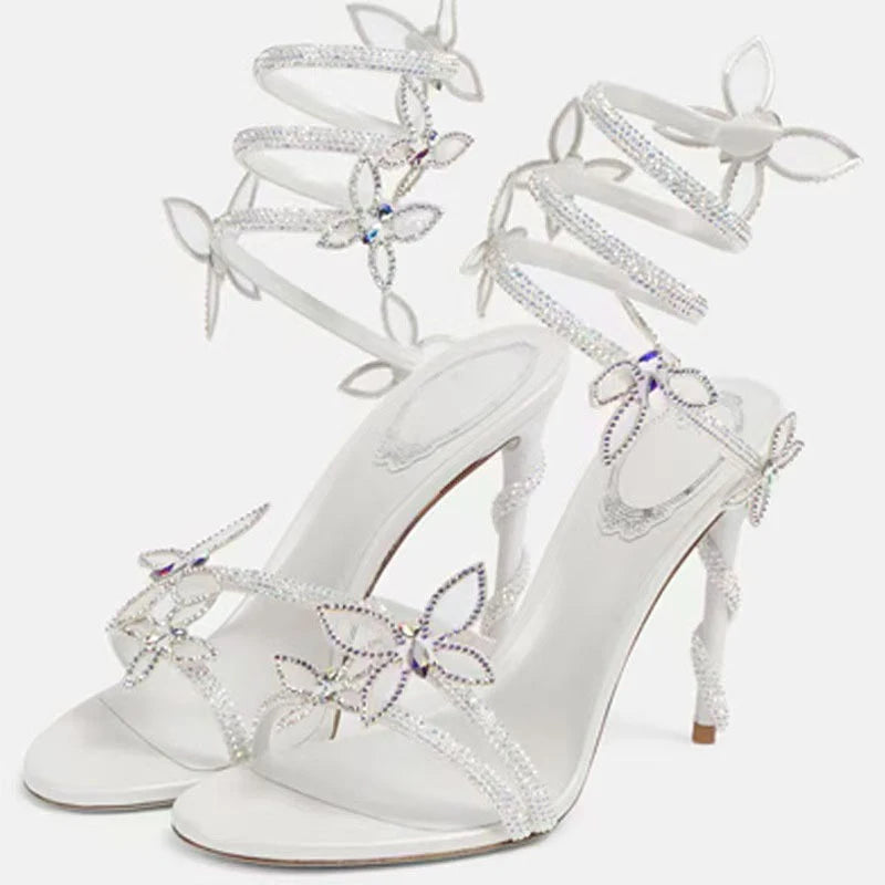 Sexy Crystal Flower High Heel Sandals for Women – Street Style Narrow Band Ankle Strap Party & Dance Shoes
