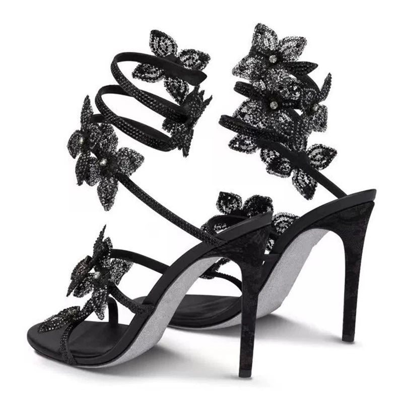 Sexy Crystal Flower High Heel Sandals for Women – Street Style Narrow Band Ankle Strap Party & Dance Shoes