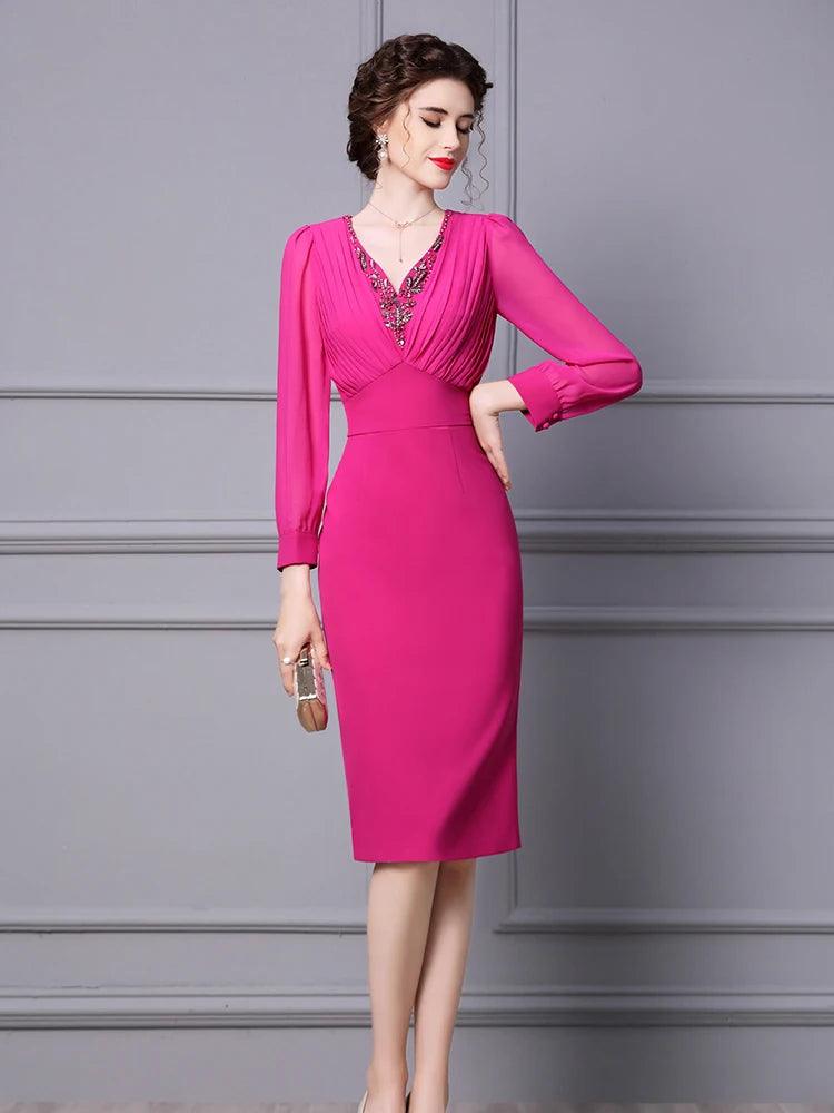 Luxury Beaded V-Neck Empire Cocktail Party Dress for Women | 2024 Spring Elegant Long Sleeve Pencil Dress for Office & Evening Wear