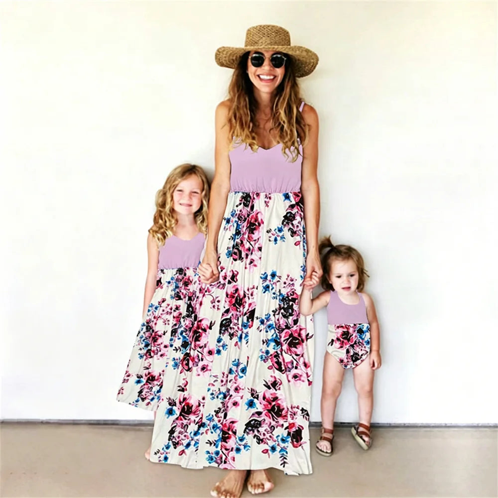 Summer Mother Daughter Dress Women Children's Clothing Vestido Baby Romper Boho Maxi Dress Family Matching Outfits Girls Dresses
