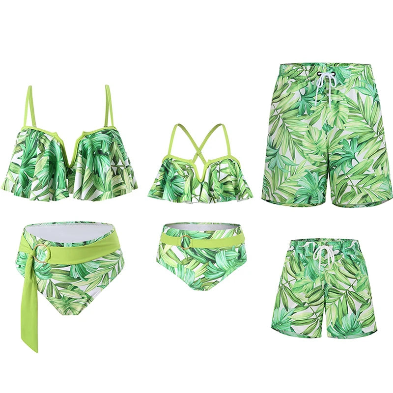 Leaf Print Swimwear Family Matching Outfits Look Mother Daughter Bikini Swimsuits Mommy and Me Clothes Dad Son Swimming Trunks