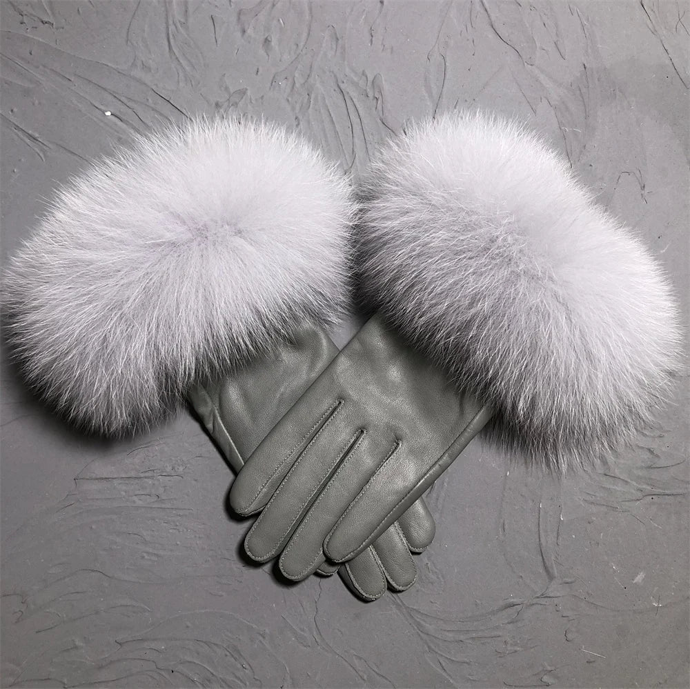 Luxury Fox Fur & Genuine Sheepskin Leather Gloves for Women – Winter Warm Driving Mittens with Real Fur Cuffs