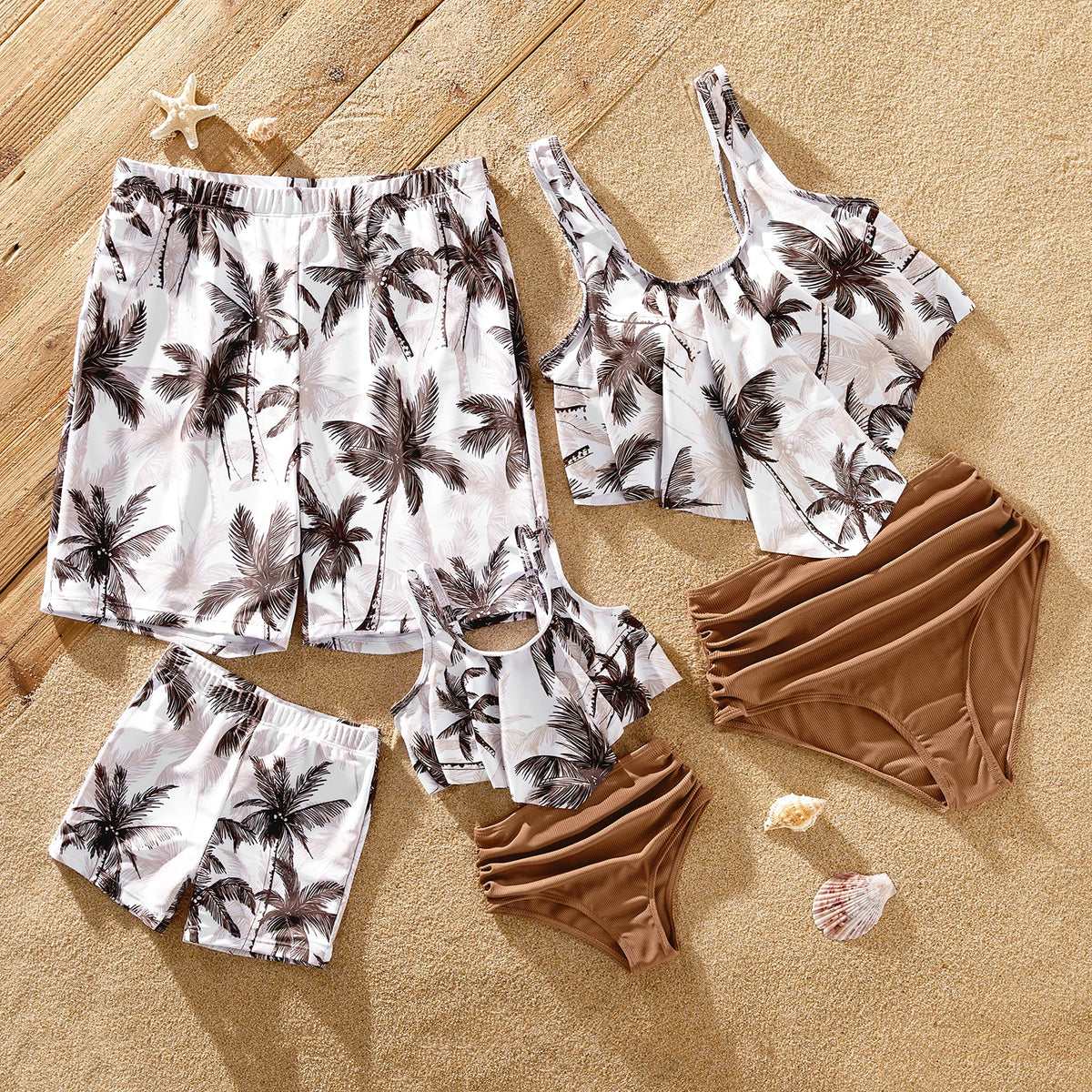 Family Matching Beach Outfits: Coconut Tree Print Swimwear – One-piece Swimsuit & Swim Trunks