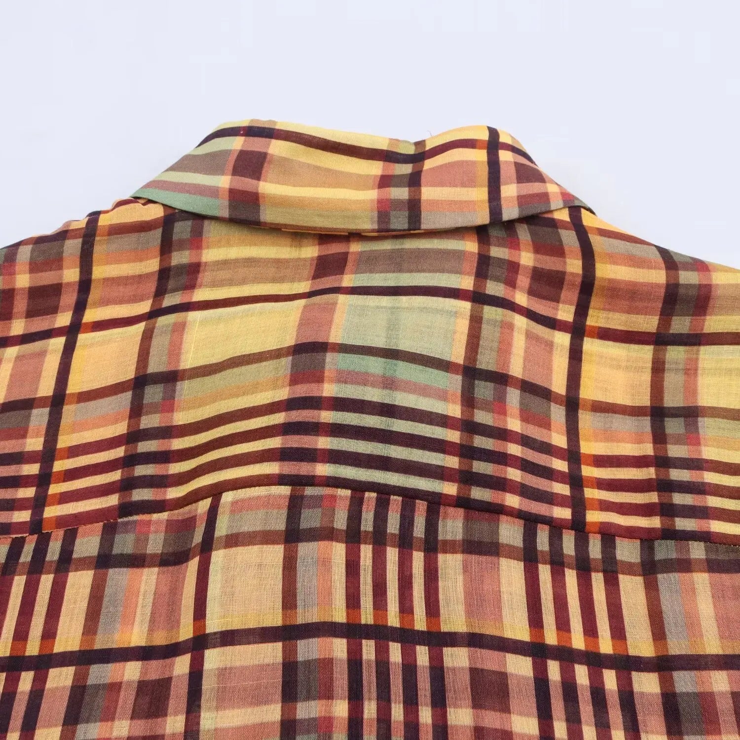Spring New Women’s Fashionable Linen Plaid Shirt – Loose Fit French Style, Polyester Fiber, Long Sleeve, Non-Shrink