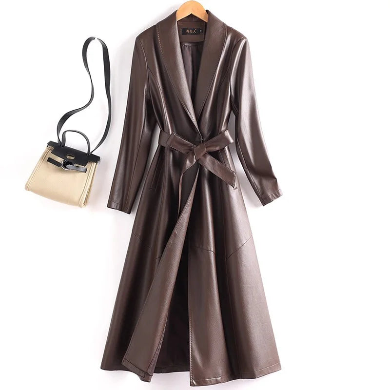 New Elegant Women’s Split Leather Trench Coat | Slim Waist Belted Long Coat with Suit Collar | Spring & Autumn Fashion Casual Outerwear