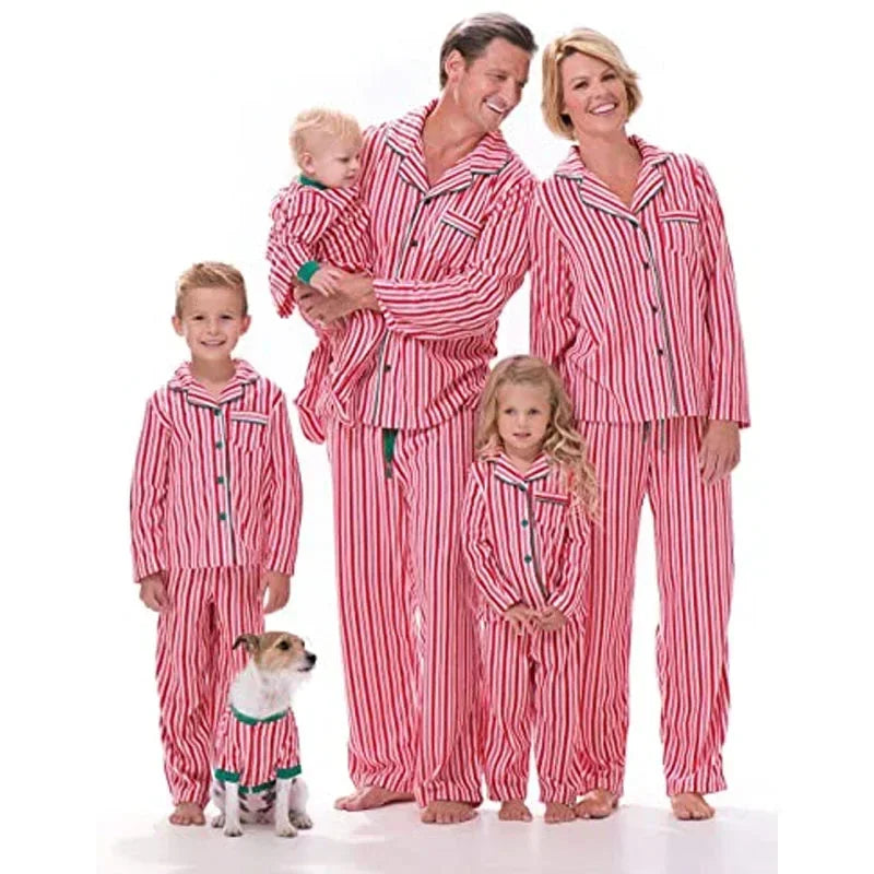 Christmas Family Matching Pajamas Set — Striped Print Button Shirt & Pants for Mom, Dad, Kids, and Baby
