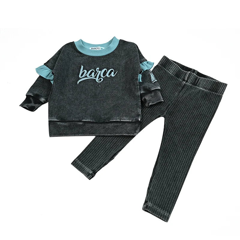 New fall collection family matching children clothes boy shirt girls dress 2pcs girls outfit baby set garment washing black gray