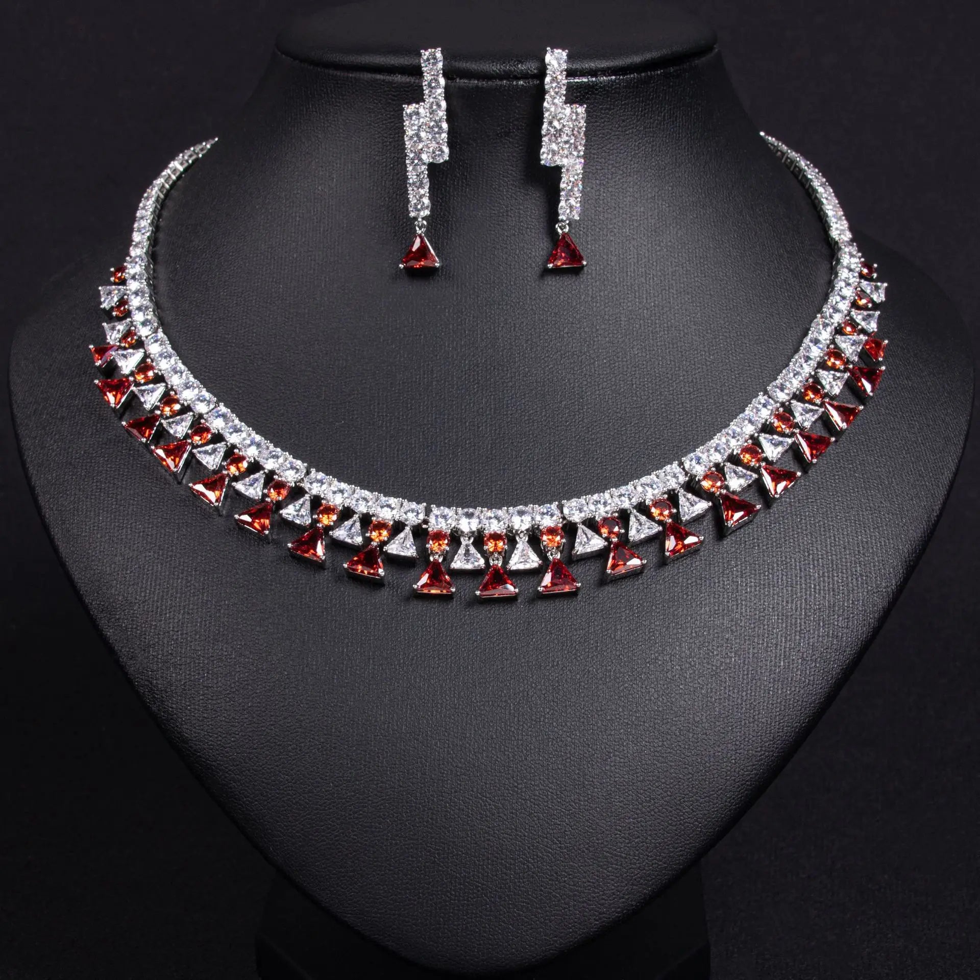 Geometric Triangle Zircon Jewelry Set for Women  Shiny Necklace & Earrings for Dubai Bridal Wedding or Party Gift