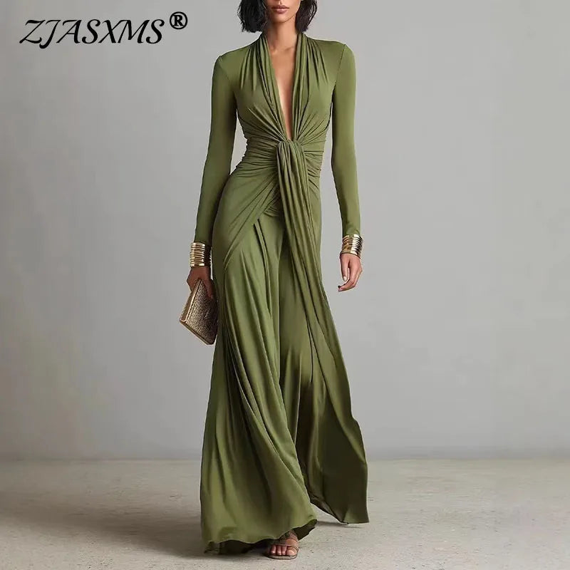 Women's Elegant Deep V-Neck Twist Knot Maxi Dress â€“ Long Sleeve Ruched Evening Gown