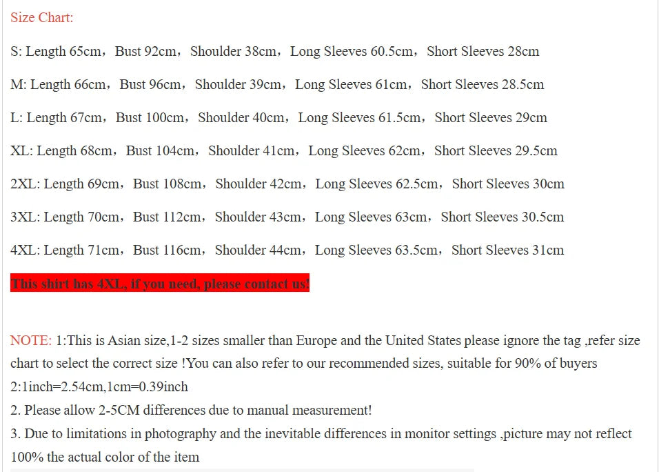 Size chart for clothing with measurements in centimeters