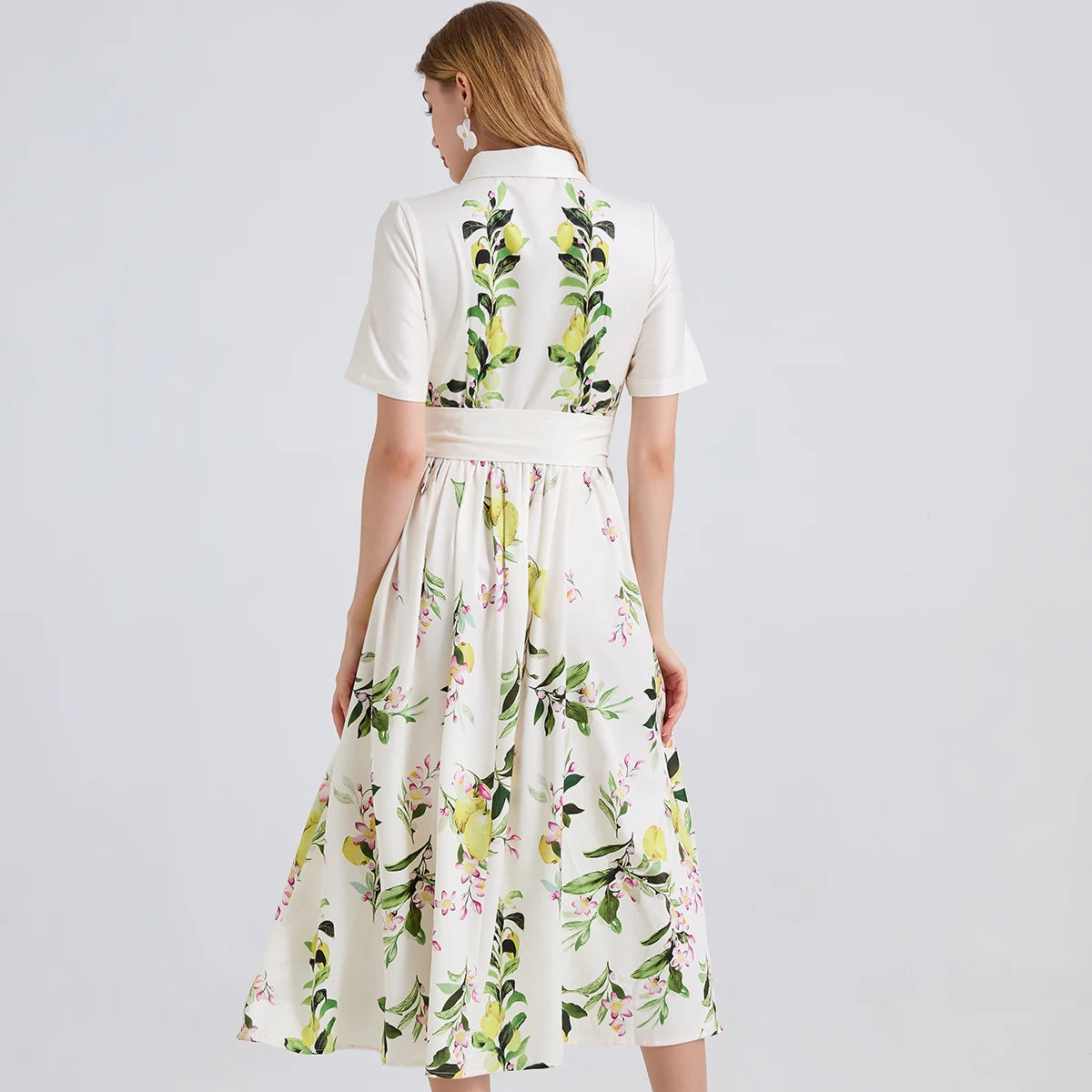2025 Brand Designer Pear Tree Print Long Shirt Dress – Summer Holiday Midi Dress for Women